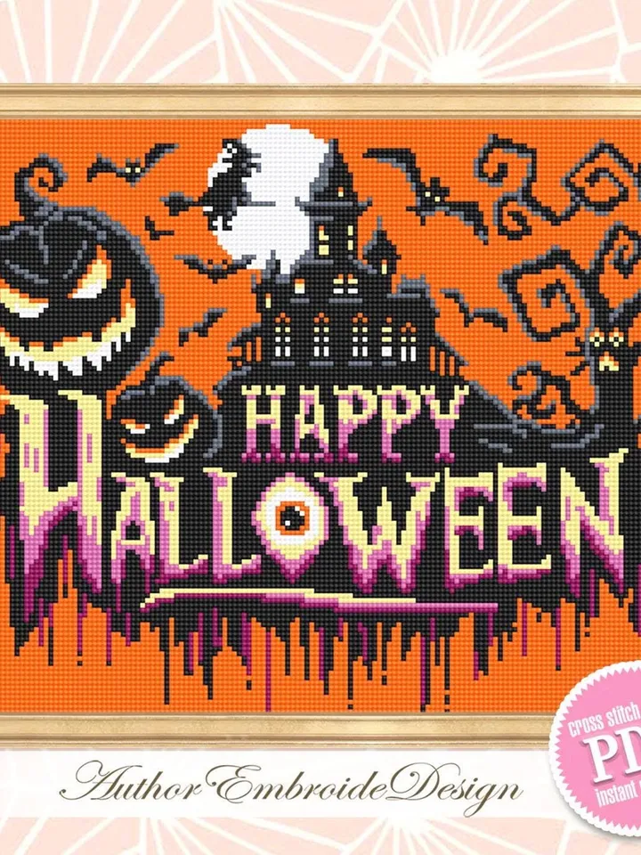 Happy halloween cross stitch pattern download PDF Halloween pumpkin cross stitch chart, Spooky pattern digital PDF, Haunted house #H82