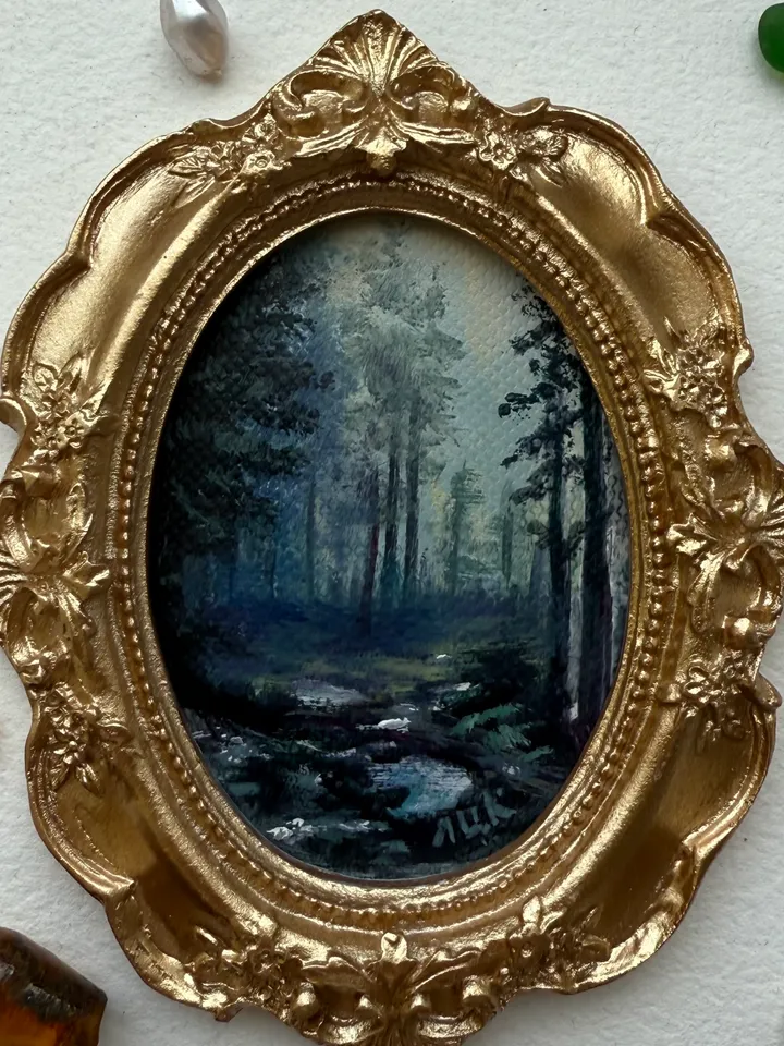 Enchanted Forest Landscape Oil Painting Original In Vintage Style Frame Small Framed Oval Painting Art