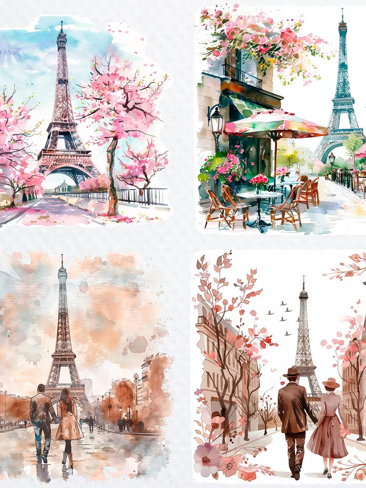 14 Vintage Paris PNG Bundle, Printable Watercolor clipart for sublimation, Paris Postcard, High Quality, Paper craft, junk journals