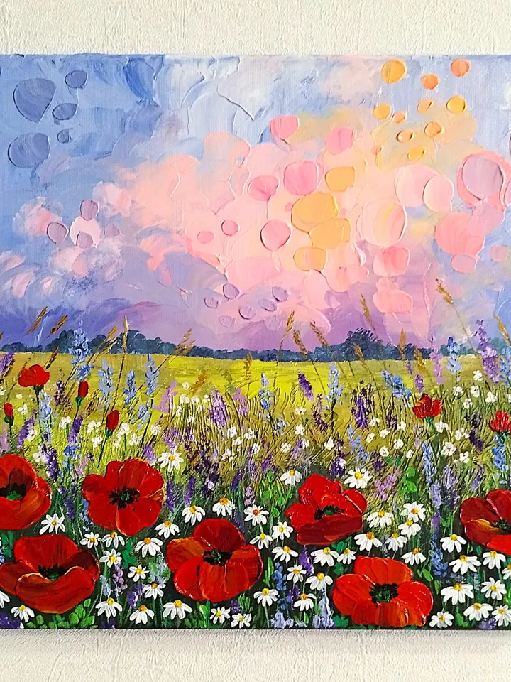 Wildflowers Textured Landscape Painting | Wall Art Decor