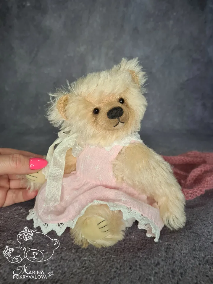 Mohair teddy bear in dress. Jointed bear toy. Handmade teddy bear. Artist bear.
