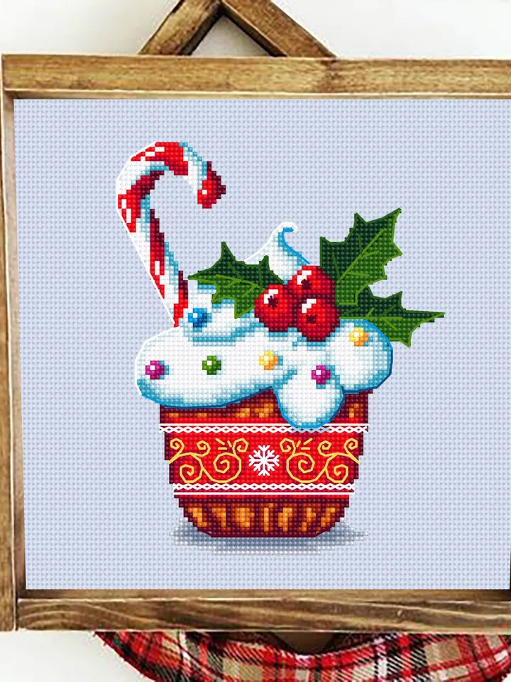 Christmas cupcake cross stitch pattern download PDF Merry Christmas pattern digital, Winter cross stitch chart, Holiday hand embroidery #N29