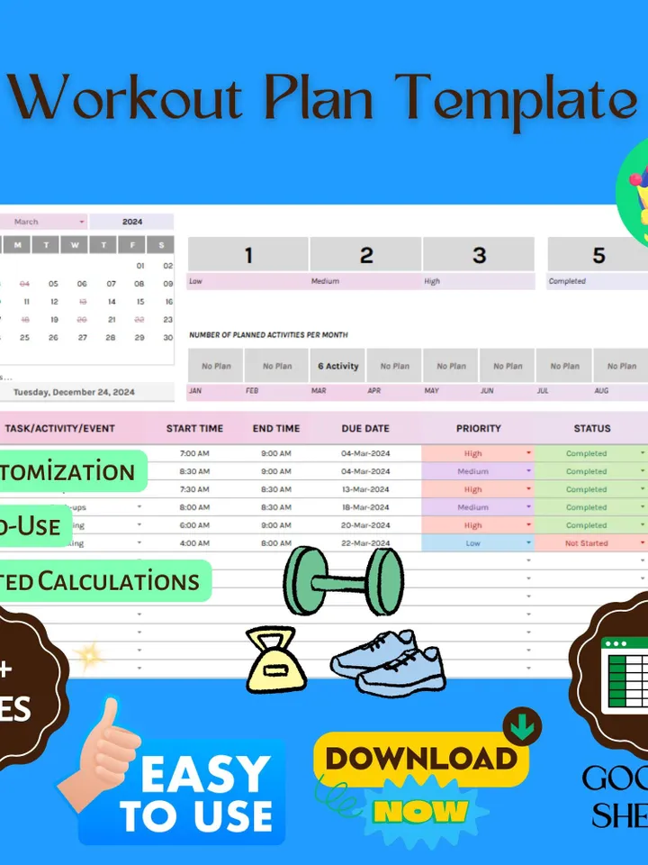 Workout Plan Template, Editable Google Sheets, Digital Download for Fitness Tracking & Exercise Planning