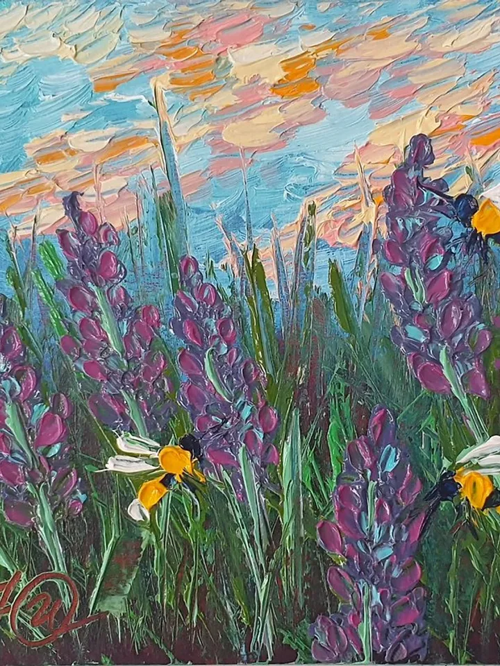 Lavender Fields Painting Bees Original Art Floral Wall Art Small Oil Painting