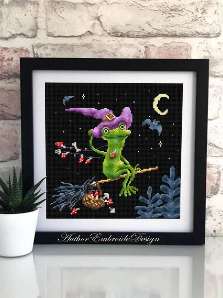 Halloween witch frog cross stitch pattern PDF download Halloween cross stitch chart Cute frog pattern digital PDF Funny frog embroidery #H73