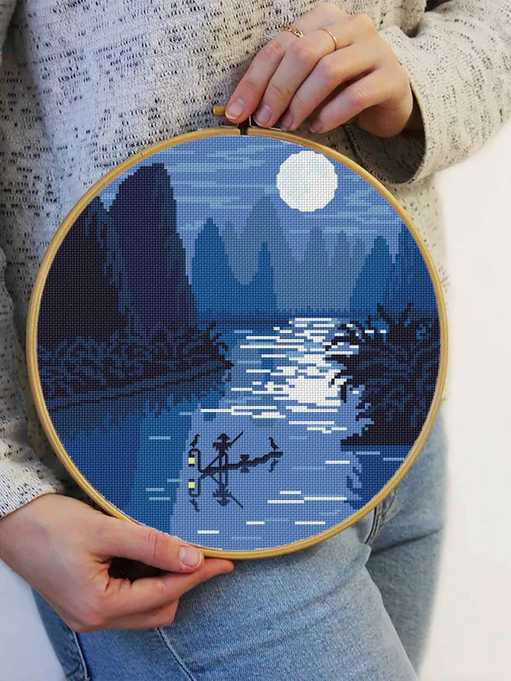 Night nature cross stitch pattern download PDF Chinese landscape cross stitch chart Boat on the river embroidery PDF Nature lover gift #L16