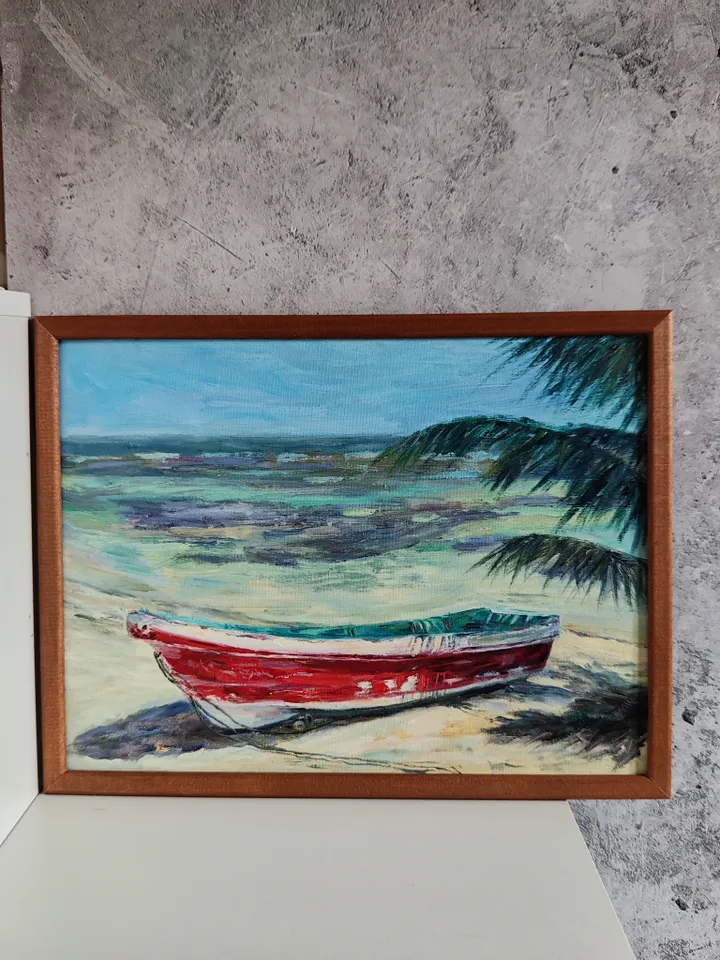 Boat oil painting beach artwork