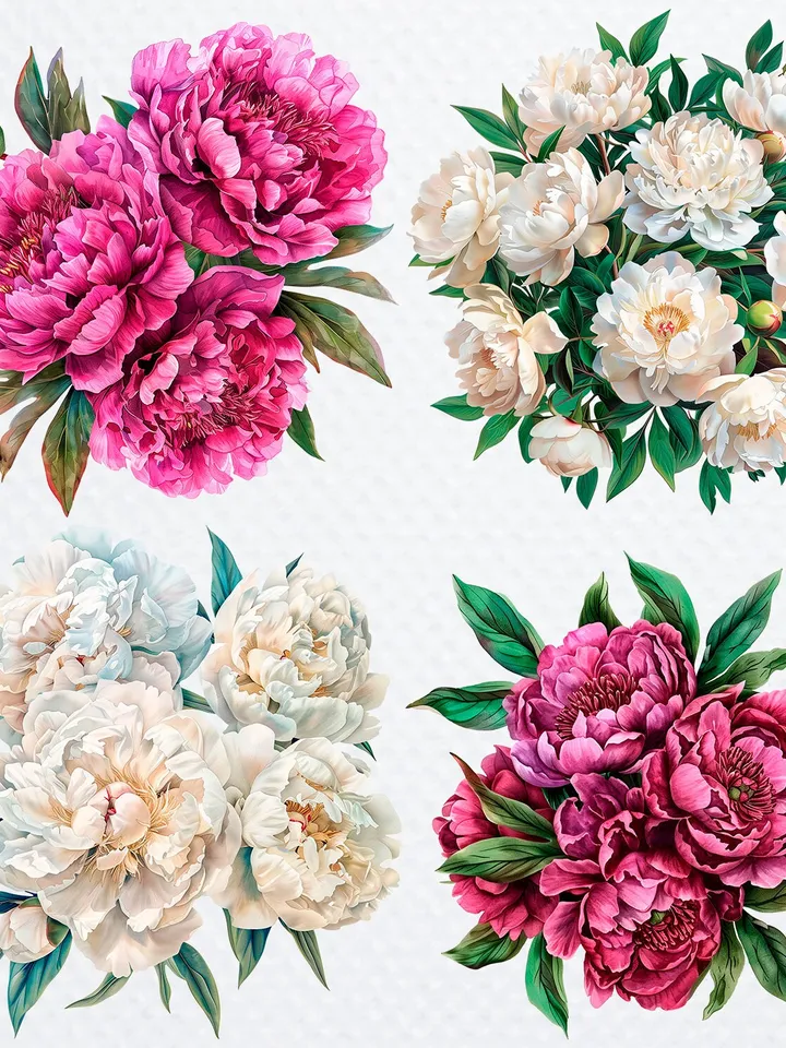 16 Peonies Bouquet PNG Clipart, Watercolor Peonies sublimation Print, Digital download, Peonies scrapbook images, Paper craft, junk journal