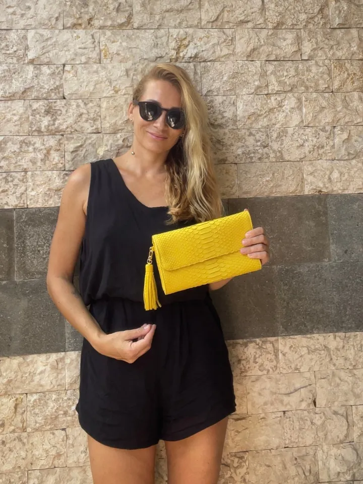Genuine python skin classy yellow flat clutch with shoulder chain | elegant evening women purse | designer leather bags | small snake bag