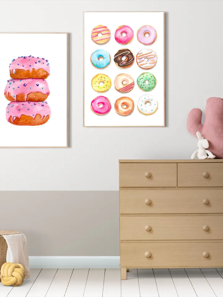 Pink Donuts Sweet Watercolor Painting Print, Food Illustration, Breakfast Art, Candy Sweet, Dessert Painting,Donut Gift Print, Kitchen Print