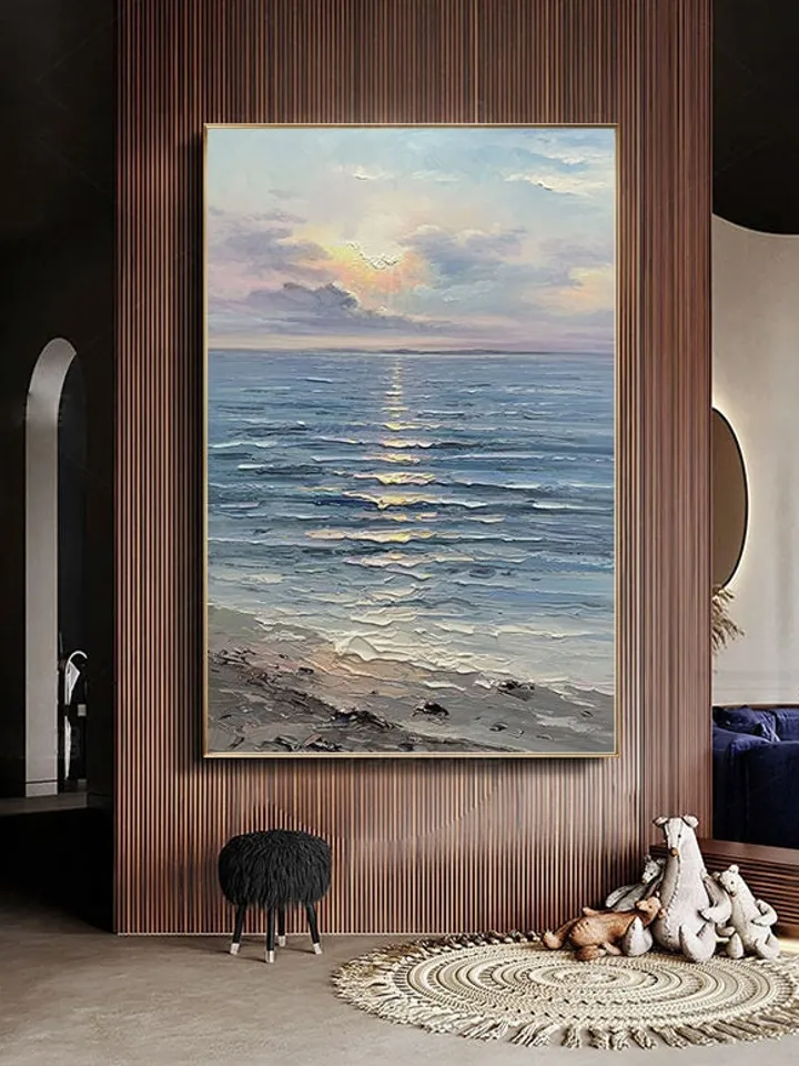 Original Oil Painting on Canvas Sea Landscape Painting,Large Wall Sky Sea Painting,Sea Level Painting Of Sunrise Landscape Large Wall Art
