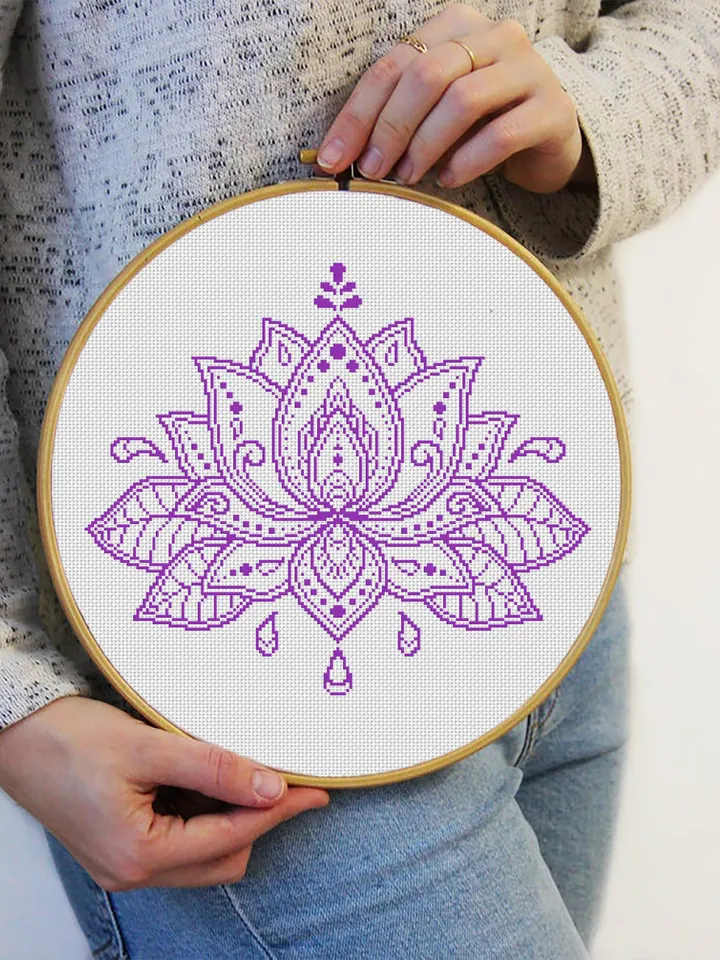 Lotus flower cross stitch pattern download PDF, Floral ornament embroidery PDF, Monochrome mandala cross stitch chart, DIY Home decor #M16