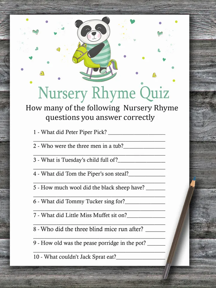 Panda Nursery rhyme quiz baby shower game card,Panda Baby shower games ...