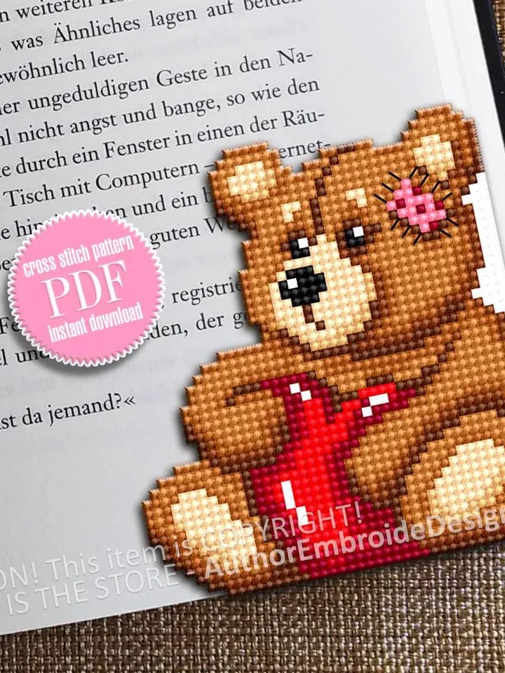 Valentines bear Corner bookmark cross stitch pattern PDF download Bear cross stitch chart Bookmark pattern digital PDF Book lover gift #B395
