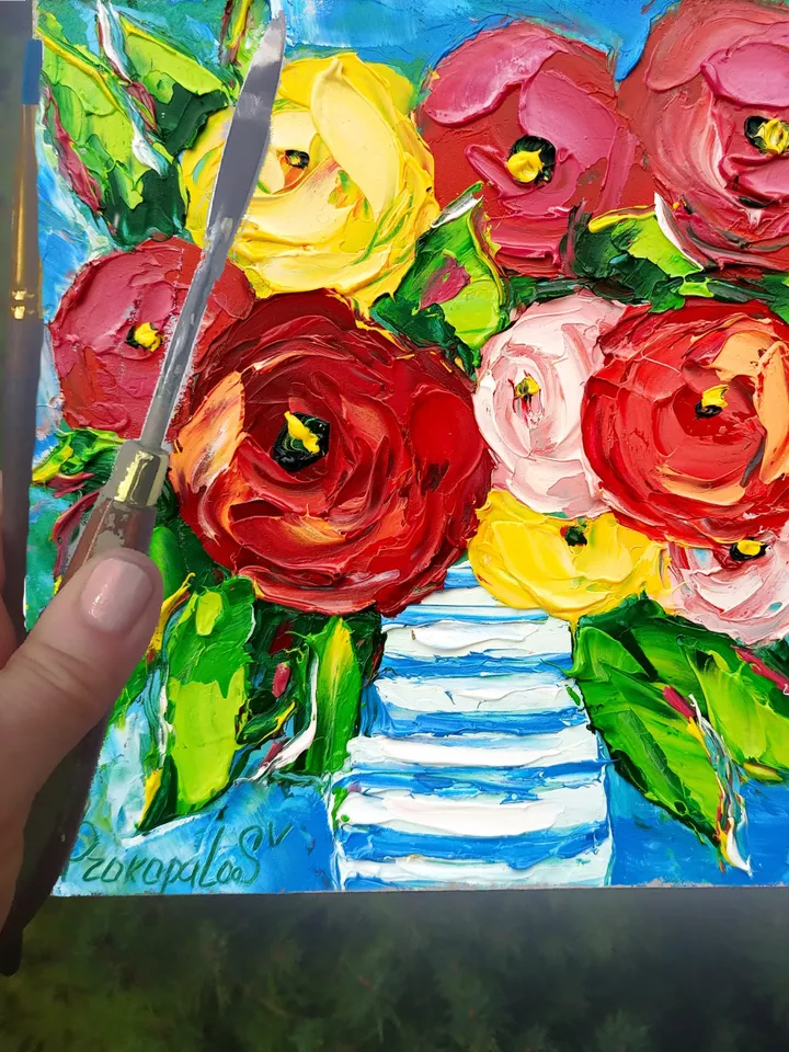 Kandinsky Flowers Peony Painting Floral Original Art Impasto Oil Peonies Artwork Flowers Small Wall Art Impressionist Red by ArtProkopaloSv