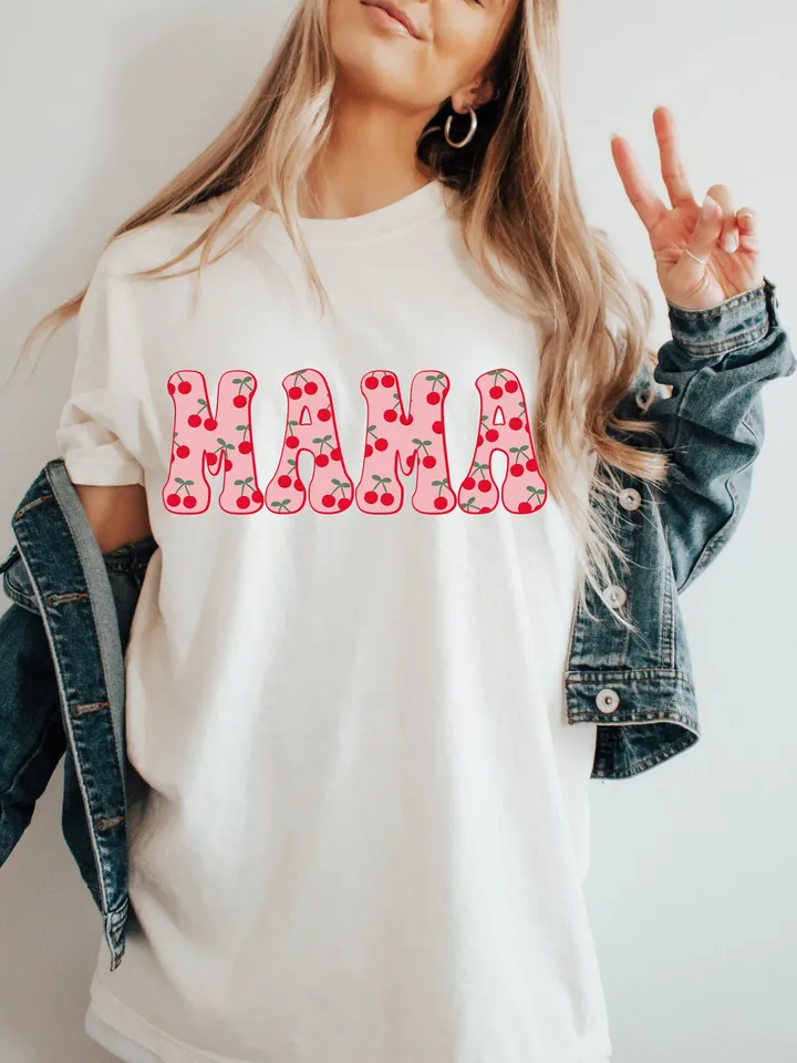 Trendy Retro Mama PNG Cherry Berry First Summer Varsity Popular Aesthetic Trendy Mom Cherry Sweet Shirt Design Sublimation DTG PNG