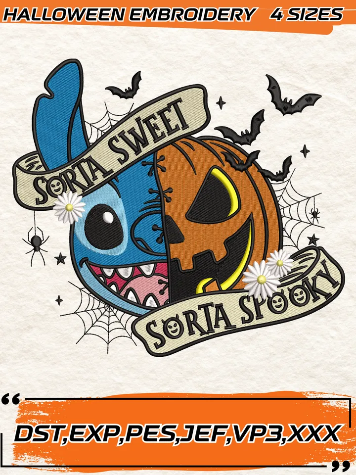 Sorta Sweet Sorta Spooky Stitch Embroidery Design,Pumpkin Halloween Stitch,4 Sizes,Digital Download