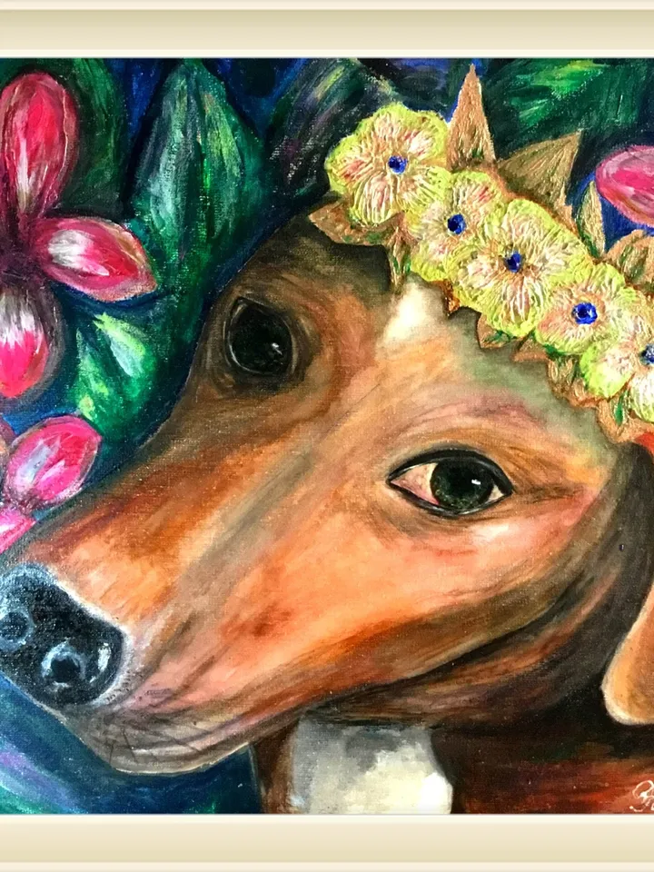 Spaniel dog painting,Spaniel dog in diadema of flowers in a tropical forest,original painting,specialized modeling paste.Home decoration.