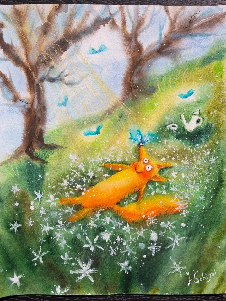 27×34 Artwork by Julia Schigal "The Star Fishing"- watercolor, gouache, pastel
