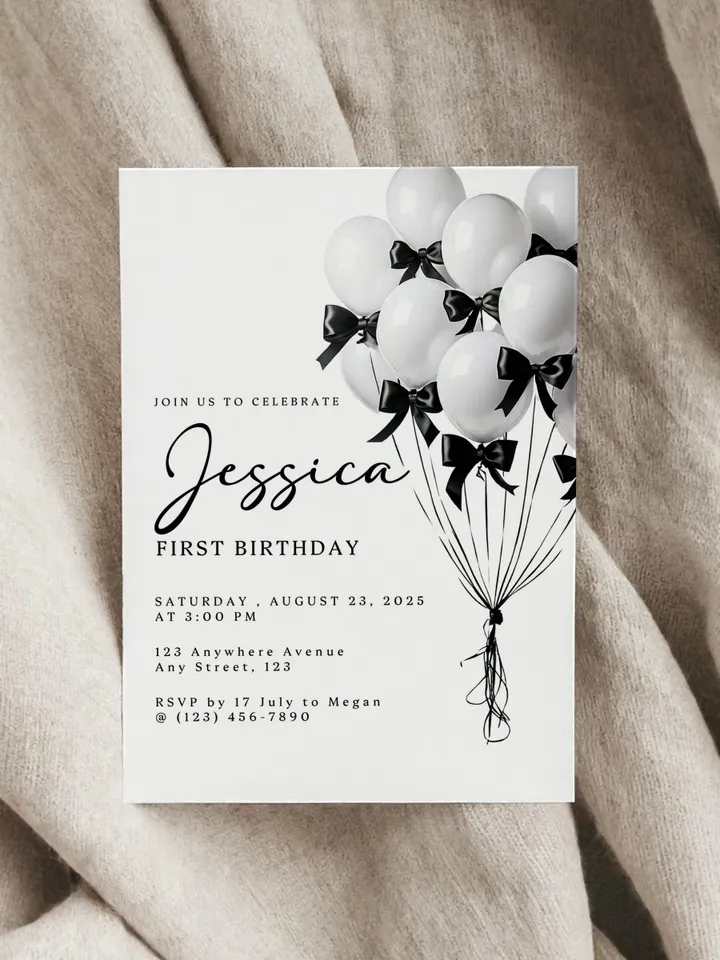 Editable Black & White Bow Balloon Birthday Invitation - Custom Canva Template, First Birthday Party Invite - WB211