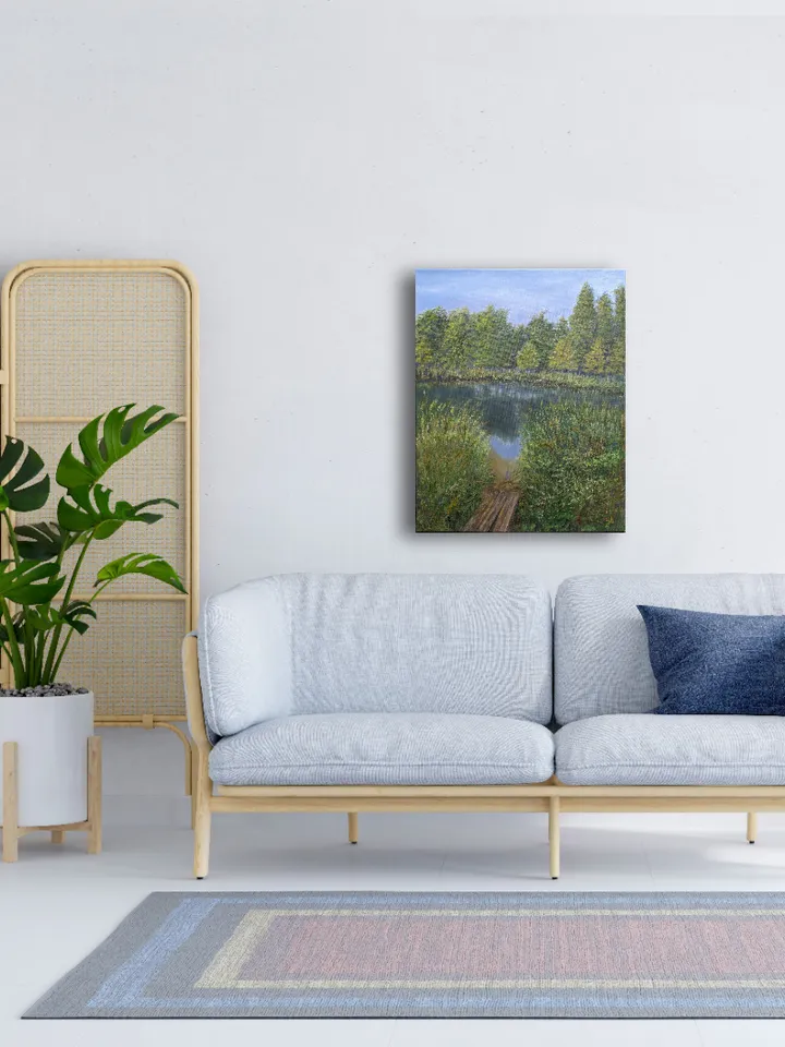 Summer landscape with a river and a wooden bridge, tall grass and trees, original painting 16x12 inches