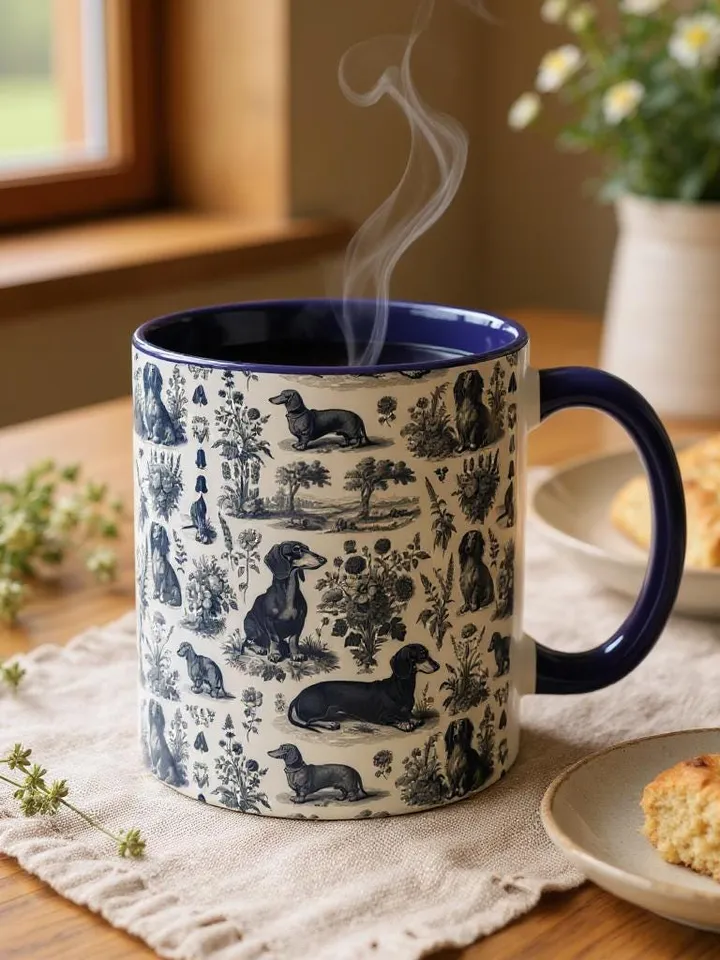 Dachshund Toile de Jouy Mug, Floral Etching Pattern, French Dog Art Cup, Classical Gift Idea, Kitchen Decor, Gift For Pet Owners, Home Decor