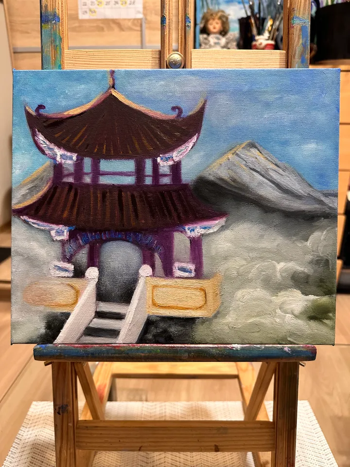 Oil Painting Shaolin Monastery Morning Fog Mountain Landscape China Buddhism Stretched Canvas 10x12 inches 25x30 cm Wall Decor Gift