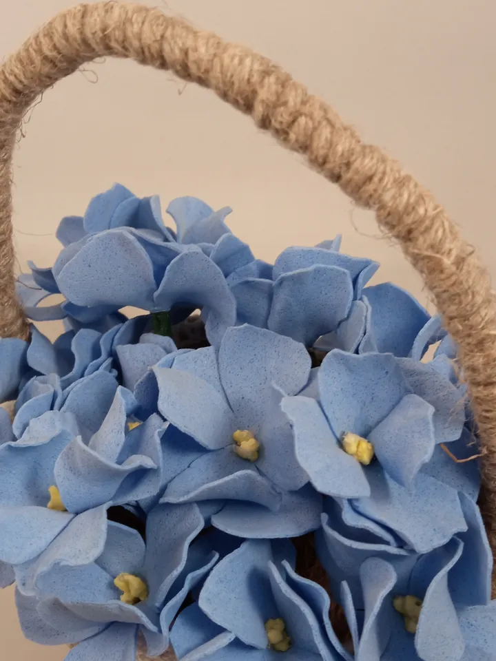 Cute floral arrangements blue violets in linen basket, all completely handmade/Made in 1 copy/ Mother Day gift/ birthday gift/ home decor indoor/gift for her