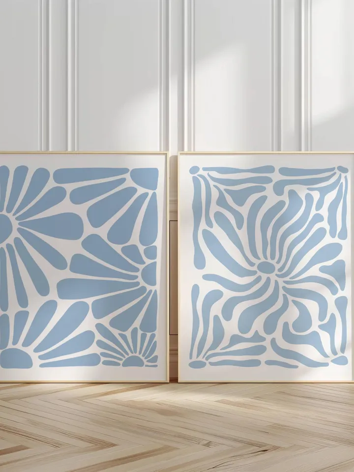 Soft Blue Wall Art Set of 2 Prints, Boho Flower Print, Blue Abstract Minimalist Organic, Blue Floral Wall Art, Wild Flower, Printable Art