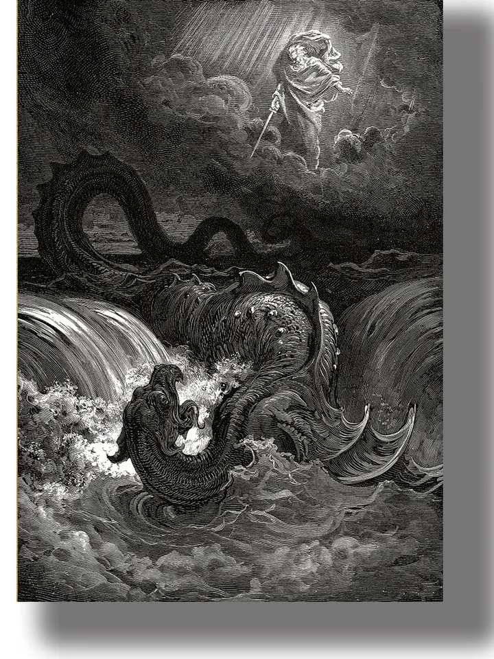 The destruction of Leviathan. God kills sea monster.