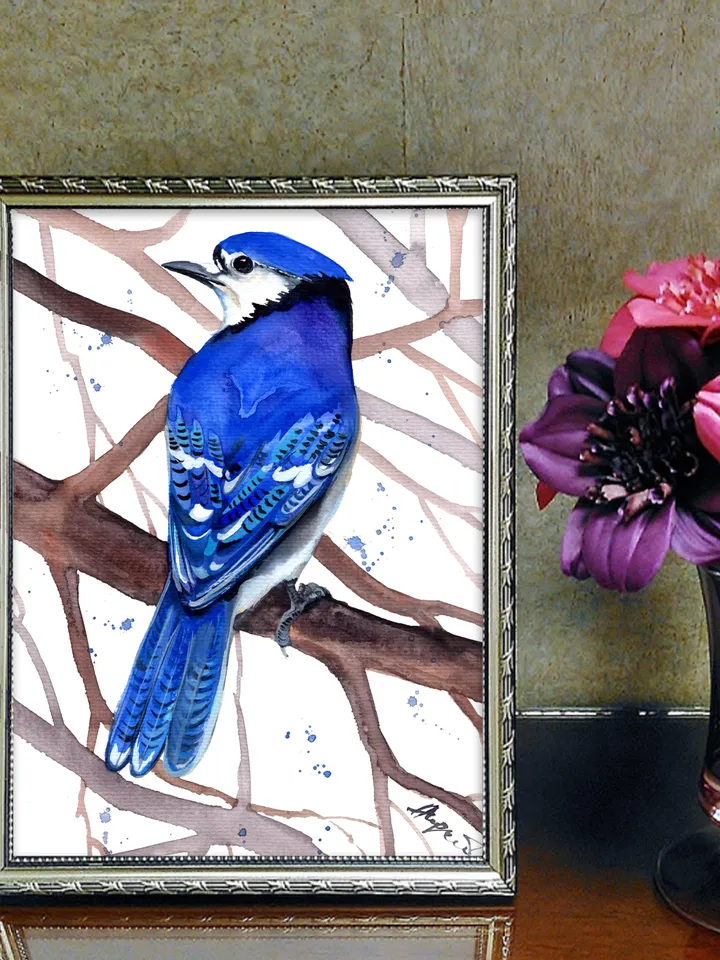 Blue Jay original watercolor, birds painting, wall decor, 7x10 in art for birds lovers by Anne Gorywine