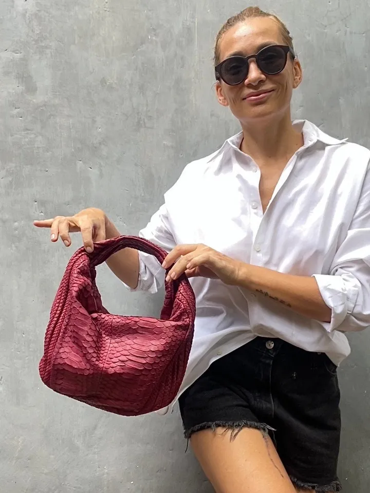 Medium Soft Hobo Classy Sport Woman Stitched Bag | Purse Genuine Python Skin | Dewi wine Big Elegant Leather Designer Soft Bag Snake |
