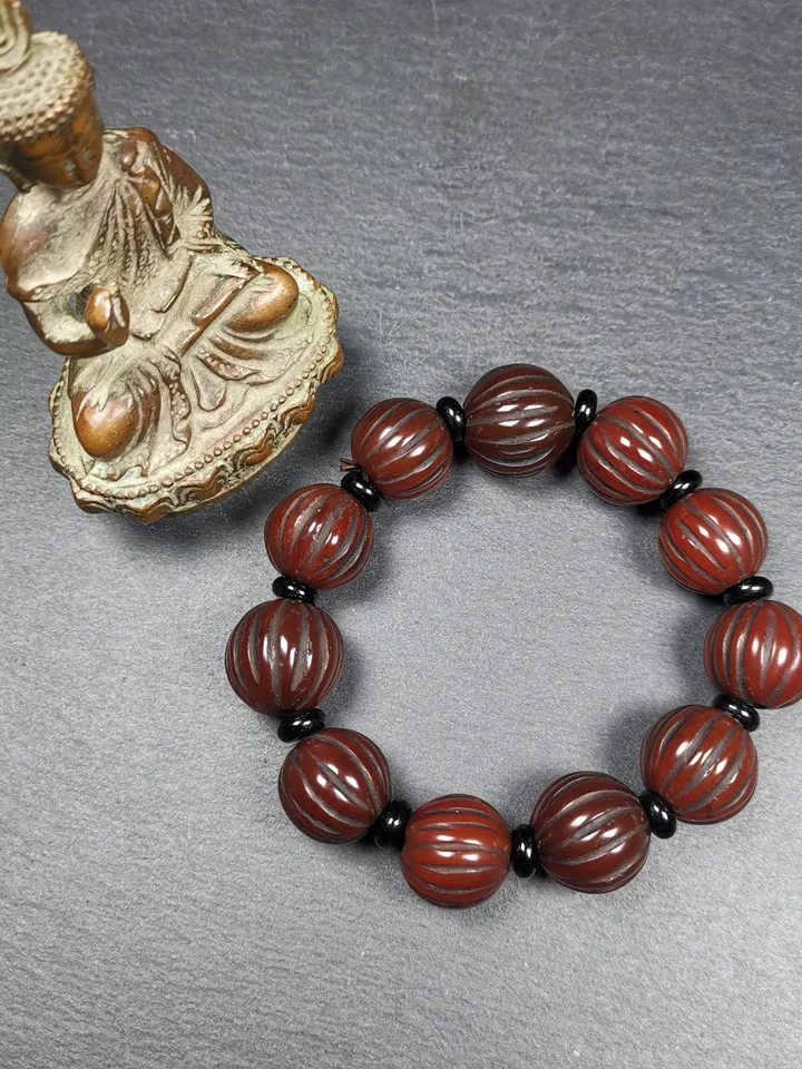 Gandhanra Old Tibetan Wrist Mala, 0.75" Agate Pumpkin Ball Prayer Beads Bracelet