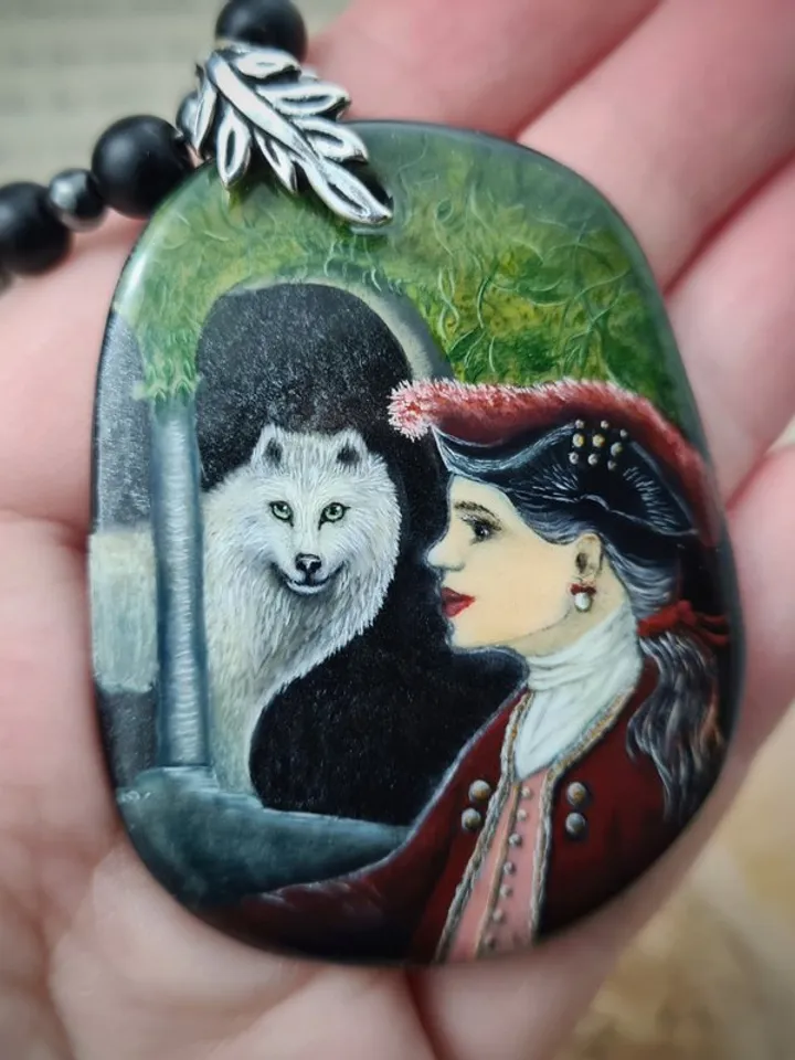 Girl with a white wolf necklace Miniature on agate Hematite and shungite beads