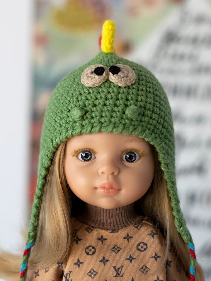 Crocheted Dinosaur hat for 13" dolls Paola Reina, Meadowdolls Dumplings, Little Darling, Siblies RRFF for Halloween