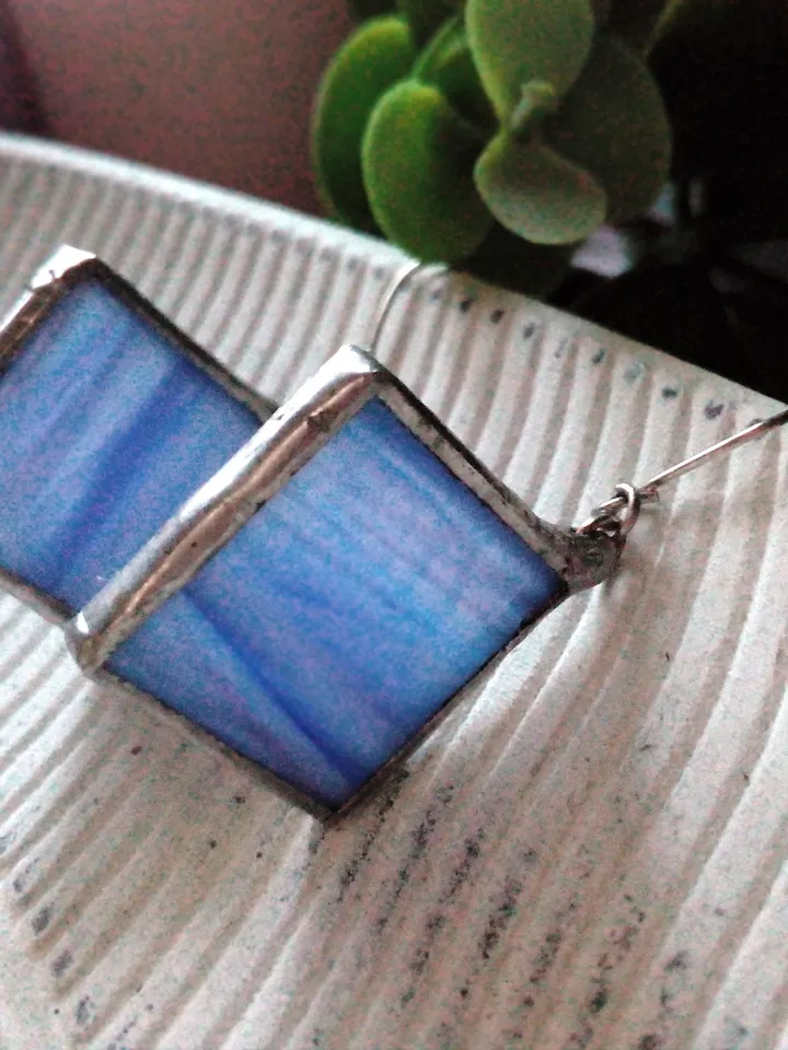Simple stained glass, blue earrings, cute squar earrings, geomentic earrings