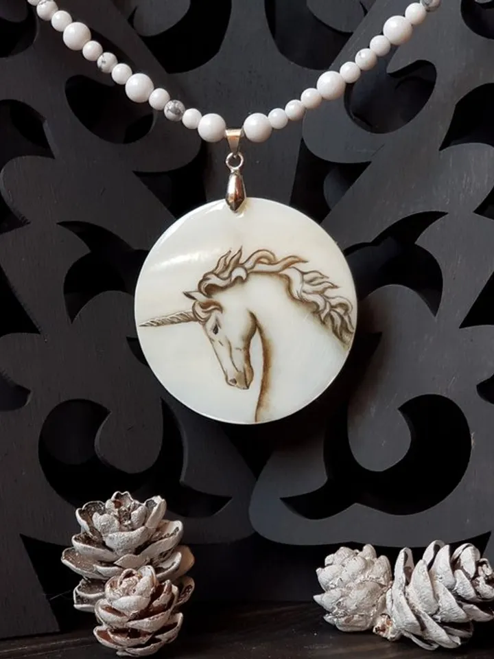 Unicorn jewelry, unicorn necklace, miniature painting on pearl pendant