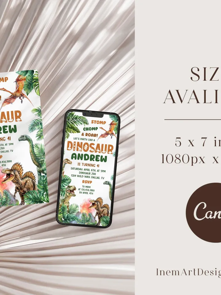 Dinosaur Birthday Invitation, Dinosaur Birthday Party Invite Template, Stomp Chomp and Roar Dinosaur Birthday, Boy Birthday Invitation Canva