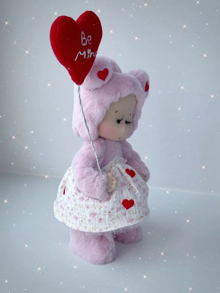 Memory bear doll. Handmade Valentine doll. Soft plush doll with heart. Gift for her.
