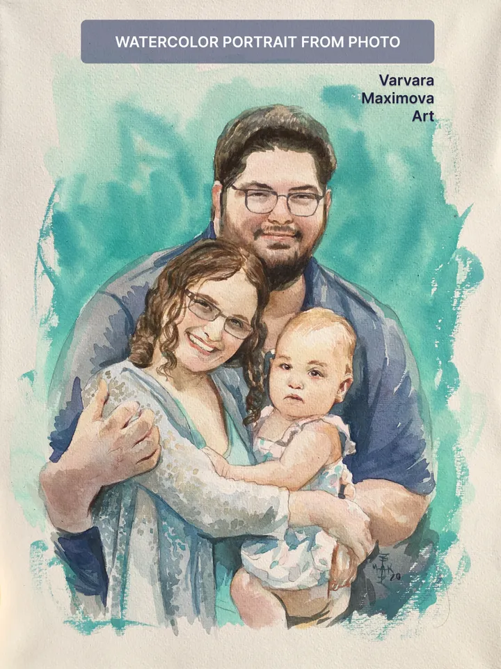 3 Persons watercolor Portrait from photo A4 size