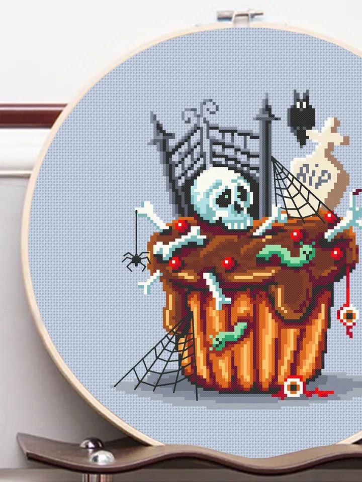 Halloween cupcake cross stitch pattern download PDF Spooky cross stitch Baking Beginner stitch Happy Halloween embroidery Sweet Food #H16