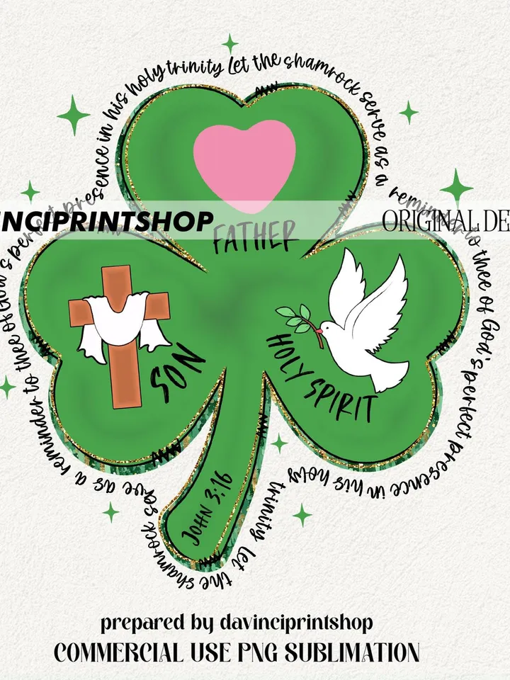 Shamrock Holy Trinity - St. Patrick's Day Bible Verse Cards, Father, Son & Holy Spirit 3 Leaf Clover, Christian St. Patrick's PNG, Regilious