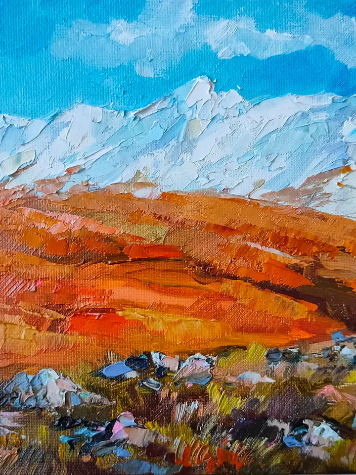 Painting Landscape Autumn Mountains Canvas on Cardboard Oil Wall Art Impasto Painting on Canvas 6 by 6 inches Original Painting by Natalia