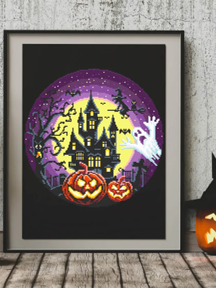 Set Halloween cross stitch pattern download PDF Haunted house cross stitch chart, Halloween pattern digital PDF, Happy Halloween night #S40