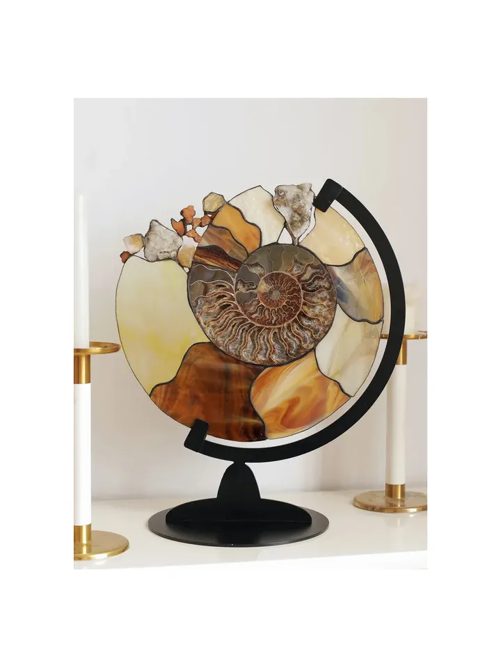 Ammonite with Gemstones on a Large Stand, Tiffany Stained Glass, Ammonite with Gemstones, Tiffany-Style Stained Glass Ammonite, Artistic Ammonite Sculpture, Fossil Art with Crystals, Stained Glass Ammonite on Stand