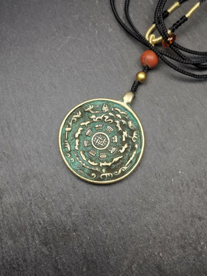 Gandhanra Vintage Tibetan Buddhist Calendar Amulet Sipaho Badge - Lima Brass Melong Mirror Protective Charm Feng Shui Pendant,43mm