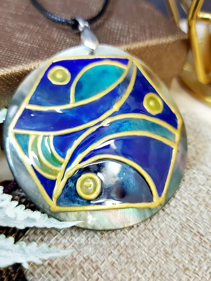 Pearl pendant necklace: Unique abstract necklace for women hand painted on mother of shell, Blue and gold painting on statement jewelry
