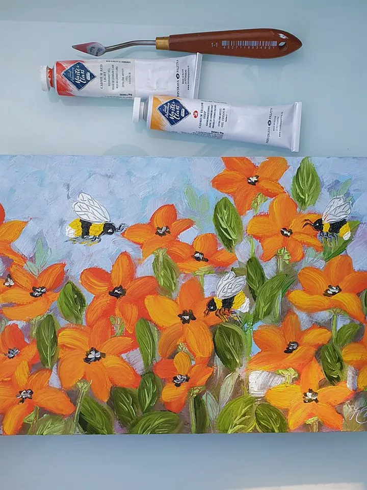 Bee Painting Poppy Original Art Floral Wall Art Flower Oil Painting