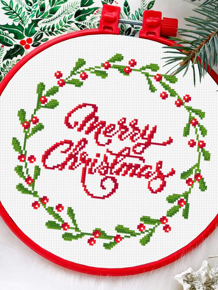Red berry wreath cross stitch pattern PDF Merry Christmas cross stitch chart, Holiday small cross stitch, Instant download PDF #N35
