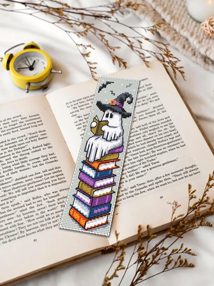 Witch ghost bookmark cross stitch pattern PDF download Reading ghost cross stitch chart, Cute Halloween bookmark pattern digital PDF #B365